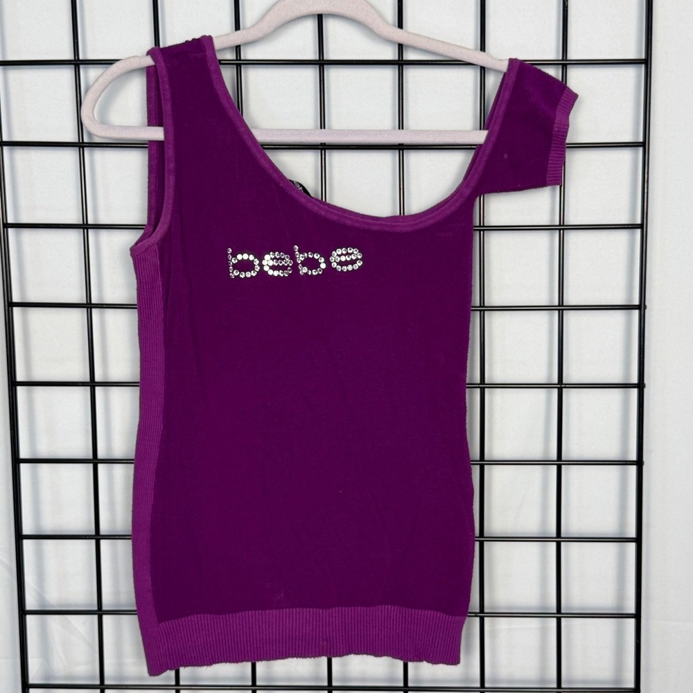 Bebe One Shoulder Top Womens S Purple Rhinestone Logo Y2K Asymmetrical Knit
